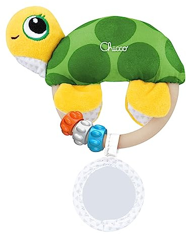 Chicco Sonajero de Tortuga, Sonajero con Anillas Para Bebé, Muñeco Tejido Suave y Plástico Blando con Espejo, Juguetes para Bebés 3 Meses, Tortuga, Multicolor