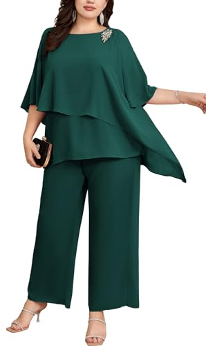 Hanna Nikole Women's Plus Size Pants Suit Cape Sleeve Zip Rhinestones Loose Round Neck Wide Leg Pants Chiffon Comfortable Lined Festival Summer Elegant High Waist Dark Green 26 Plus