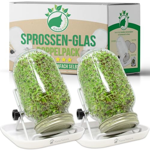 nananatura Sprossengläser Keimgläser 2er-Set | Perfekt zum Sprossen ziehen | Doppelpack inkl. Edelstahl-Gitterdeckel, Ständer & Keimschalen