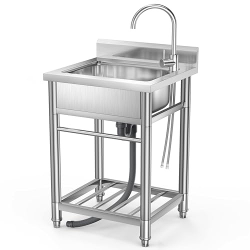 Stainless Steel Utility Sink NSF Grade, Free Standing Single Bowl Kitchen Sink with Cold and Hot Water Pipe Stainless Steel Sink for Bathroom Farmhouse Laundry Room