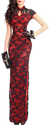 Women's Long Cheongsam Dress Sexy Lace Side Split Chinese New Year Party Evening Gown Bodycon Vintage Qipao Costume (Red, M)