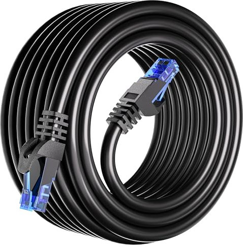 Cable Ethernet 25 metros, Cat 6 Cable de Red 25m Alta Velocidad Exterior Interior, Largo Negro RJ45 Cable LAN 250MHz, 23AWG CCA UTP Gigabit Cable Internet Impermeable para Router Módem PC (25 Clips)