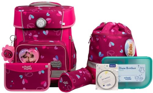 SCHOOL-MOOD Champion Pro Klara Häschen Schulranzenset 7-teilig 21,5L Stauraum, ergonomisches Easy Fit System für 1 m bis 1,50 m Körpergröße, standfest, wasserdichter Stoff mit Reflektoren