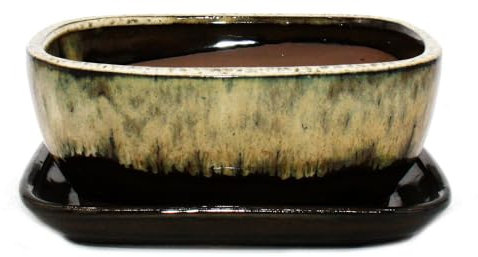Bonsai-Schale mit Unterteller Gr. 3 - Braun-Beige - rechteckig - Modell GB5 - L 21,5cm - B 17cm - H 8 cm