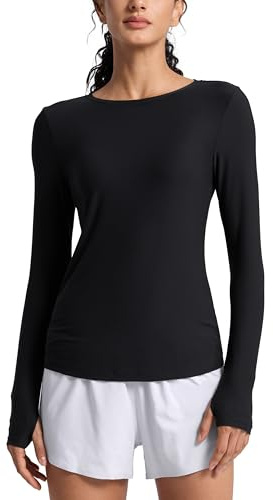 CRZ YOGA Womens Cloudweight Crew Neck Long Sleeve Tee Shirts Workout Athletic Casual Lightweight Basic Tops with Thumb Hole Black 8