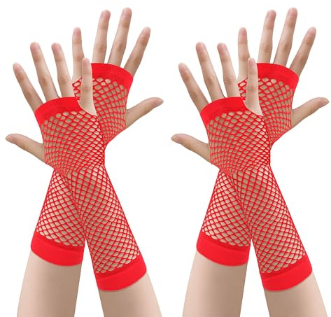 JUNART 2 par långa fisknäthandskar, 4 färger, stretchiga fingerlösa näthandskar för temafester, föreställningar, cosplay, kostymtillbehör