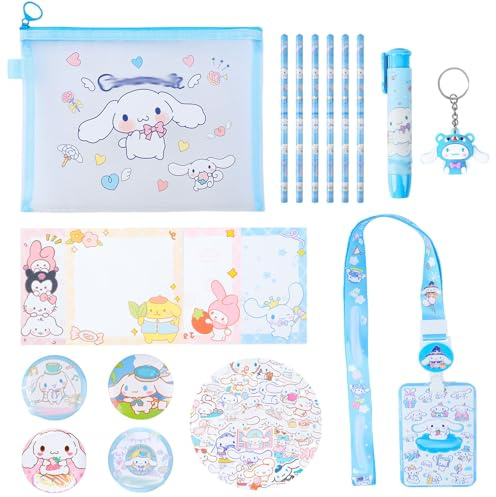 Cinnamo-roll Stationery Set, Kawaii School Supplies,Stationery Supplies Back to School Gift for Girls, with Stickers Badges Sticky Notes Pencils Card Clip Pencil Case Eraser Keychain