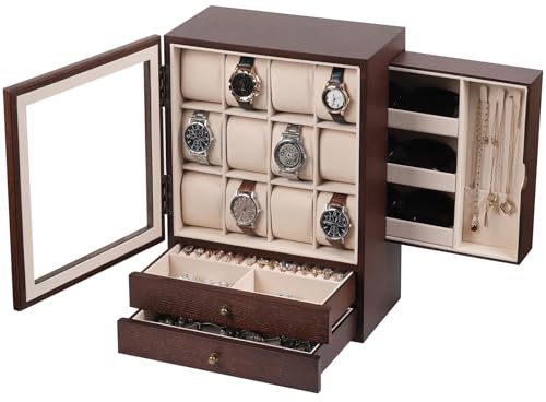 AUTOARK Wooden Watch Eyeglass Jewelry Box with Glass Front,12-Slot Vertical Display Case with 2 Drawers,Velvet Lining,Dresser Organizer for Men Women,Space-Saving Sunglass Storage,Brown,MKAW083