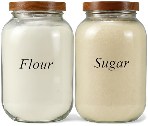 YoenKtss 2 Pack Glass Flour Sugar Storage Containers with Acacia Wooden Lid, 1 Gallon Glass Jars with Airtight Lid, Wide Mouth Large Mason Jars 128oz for Rice, Pasta, Oats, Coffee Storage