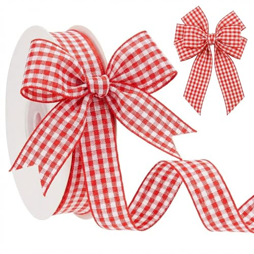 Xuniea Cinta de Cuadros Vichy de (16 mm X 27 M) Rojos y Blancos Cinta de Cuadros de Poliéster para Manualidades el Cabello Picnics Regalos Escolares Envoltorios Lazos