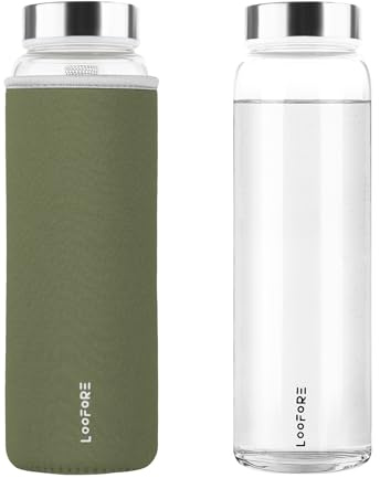 LOOFORE Botella de Cristal de 1 litro, 1L Botella de Vidrio de Borosilicato con Cubierta Protectora para Bebidas Frías y Calientes, Agua Reutilizable para Oficina, Deporte, Camping, Niños y Adultos