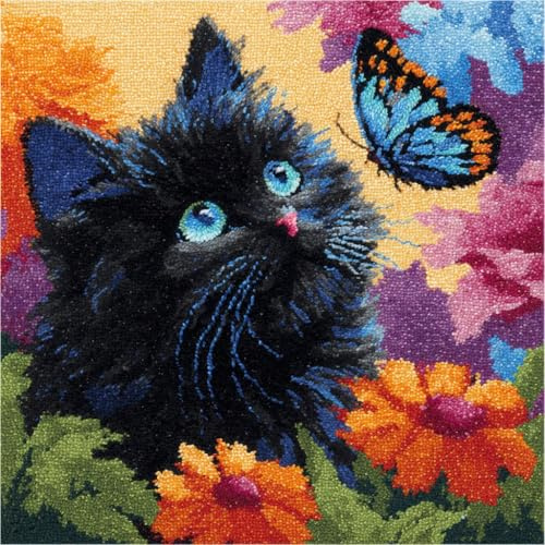 Henypt Kit gancio di chiusura fai-da-te, Gatti, fiori e farfalle Kits per realizzare cuscini all'uncinetto, Kit di cuscini ad ago 43x43cm