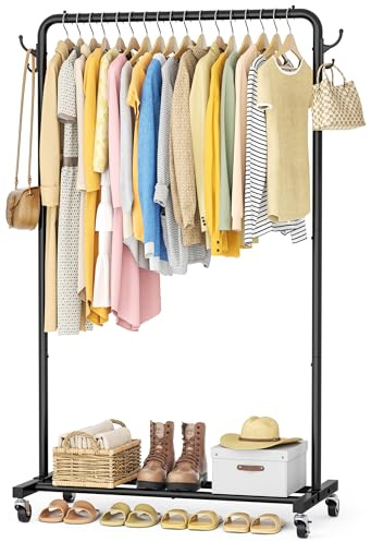 HOMIDEC Clothes Rail, Metal Clothes Rack with 4 Side Hooks, Bottom Storage Shelf and Wheels, Heavy-Duty Clothing Rail Holds Up to 40kg, Clothes Rails for Bedroom, Hallway, Clothing Stores, Black
