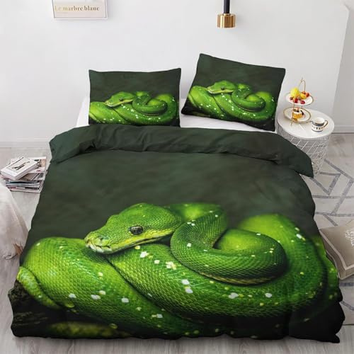 SJSXWQN Double Duvet Set Green Snake Double Bed Duvet Cover Set for Kids Aldult with Zipper Closure Hypoallergenic Microfiber Quilt Cover 78.7x 78.7 + 2 Pillowcases 19.7x 29.5