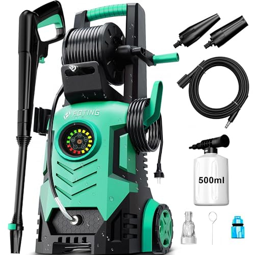 Hochdruckreiniger 200 bar, Touchscreen 8-stufiger, 6-in-1-Düse, Druck: 100-200 bar, Fördermenge: 280-500l/h, Flächenleistung: 60m²/h, Wassersparend, mit Schaumkanone und Schlauchtrommel