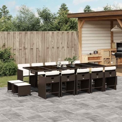 Frdhee Grupo de banco de esquina para muebles de jardín, 15 piezas, conjunto de comedor de jardín con cojín marrón de poliratán,Sofá de jardín para patios traseros área de piscina terraza