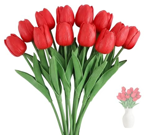 Cloxtralon Tulipán Artificial, 12 unidades Ramo de Tulipanes Artificiales, Longitud 34 cm, Toque Realista, Ideal para Ramo de Boda, San Valentín y Decoraciones Interiores (Rojo)