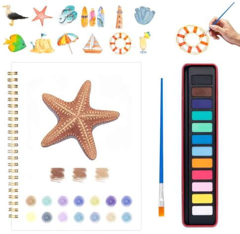Ruispeed Livre de coloriage pour Adultes, carnet d’Aquarelle Bord de mer avec Palette et Pinceau, adapté aux débutants, Livre de coloriage thème Nature pour Adultes, Coffret créatif Mandalas pour