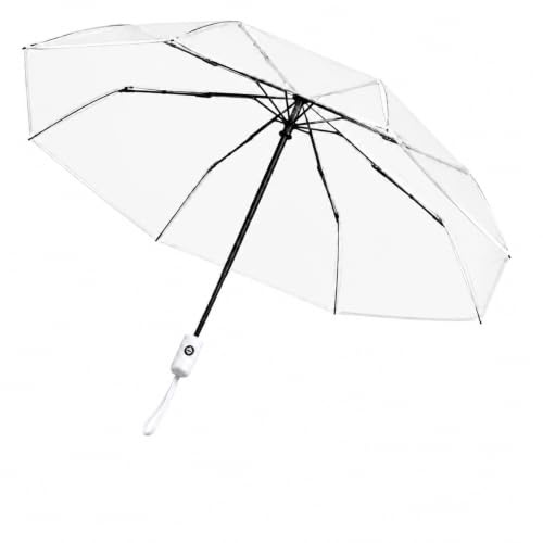 PAXQNVTR Compact Clear Umbrella, Auto Open Close Folding, Transparent, 8 Rib Tri Fold, Travel Rain Umbrella for Women and Men, White Trim