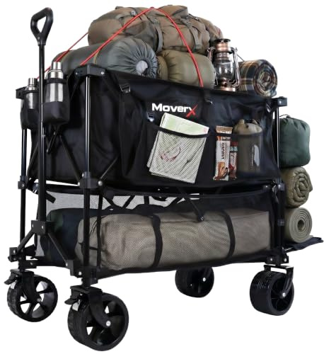 MoverX Carrello da 300 litri su ruote, a due piani, carrello da campeggio portatile, pieghevole per spiaggia, giardino, picnic, shopping, pesca, ruote larghe, manico regolabile, nero
