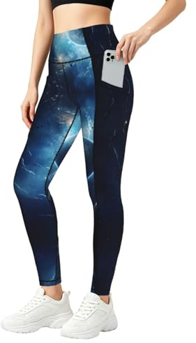 ERSDWRE Galaxy Planet tryck hög midja yogabyxor med fickor magkontroll fitness löpning leggings yogabyxor, Svart, S