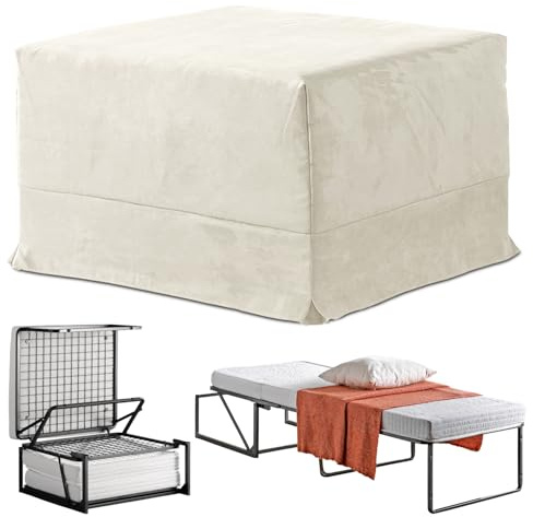 EVERGREENWEB - Pouf Letto Singolo con Materasso in Water Foam Alto 10 cm Salvaspazio Pieghevole per Camera, Cameretta o Soggiorno, Pouf poggiapiedi, Ottomano, Tessuto Sfoderabile e Lavabile Beige