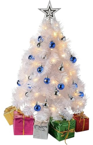 PREXTEX Mini White Christmas Tree with Lights - 23 Inch Small Christmas Tree with Warm White LED Lights, Star Topper, Ornaments, and Gift Boxes - Tabletop Holiday Decor for Indoor and Outdoor Display