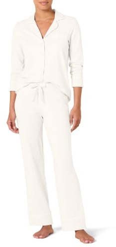 Amazon Essentials Women's Cotton Modal Long-Sleeve Shirt and Full-Length Bottom Pajama Set, White, Large
