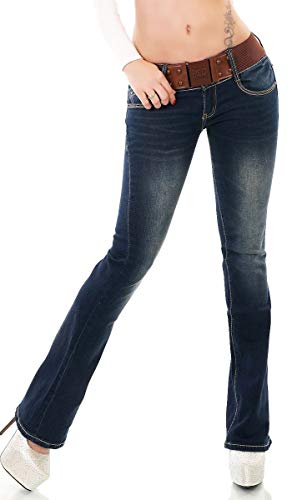 Label by Trendstylez Damen Stretch Bootcut Schlag Jeans Hose inkl. Gürtel Dark Blue WT365 Größe 38, 26529642