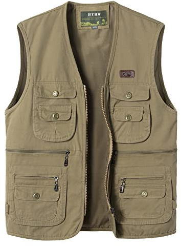 Yukirtiq Herren Anglerweste Outdoor Weste mit Vielen Taschen Sommer Freizeitweste Ärmellos Jacke Wandern Jagdweste Hundesportweste, Khaki, M