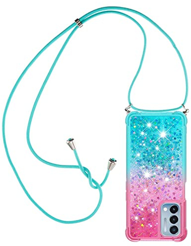 Paekear Halsband för Samsung Galaxy S8 silikonskal, flytande glitterflickor, kvinnor, axelremsfodral, gnista och snodd med justerbar snodd ficka, rosa och blå