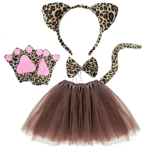 MIVAIUN 5 Pieces Leopard Costume Set Leopard Ears Headband Tail and Bow Tie Tutu Skirt Glove Animal Fancy Costume Kit Accessories Animal Theme Party Cosplay Party Halloween Stage Performance (Brown)