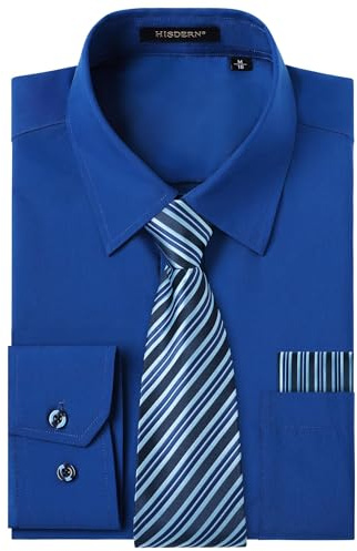 HISDERN Camicia Uomo Blu Reale Manica Lunga Elegante Camicia e Cravatta Casual Camicie Business Formale Camicie Matrimonio Casual con Tasca Regular L