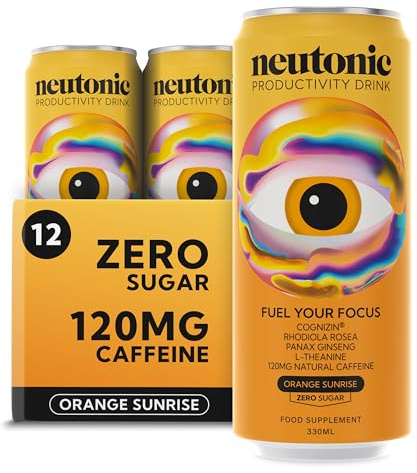 Neutonic Nootropic Productivity Energy Drink | Orange Sunrise 12 Cans | 120mg Natural Caffeine, Zero Sugar | Support Energy, Mental Performance, Cognitive Function | Support Focus, Brain Health