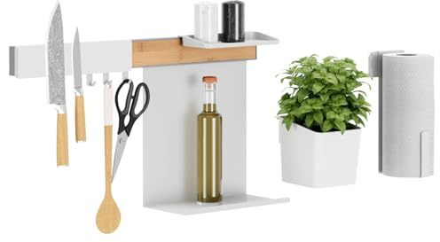 tesa Küchen-Organizer Kombi-Set L - selbstklebende Küchenleiste mit Kräutertopf, 2 Ablagen, Messerhalter, Küchenrollenhalter und Hakenleiste inkl. 3 Haken - Montage ohne Bohren - Bambus/Weiß