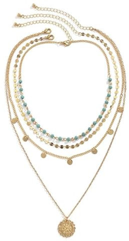 NATOSU Gold-geschichtete Boho Mehrschichtige Halskette für Frauen - Gestapelte Anhänger mit Türkisfarbener Münze, Country-Konzert, Lang für Mädchen