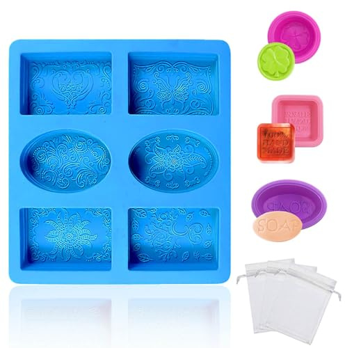 1 moule à savon en silicone bleu, 6 cavités, moule à savon fait à la main avec motif en dentelle, moule à savon avec 3 filets moussants, 3 petits moules en silicone, kit de fabrication de savon pour