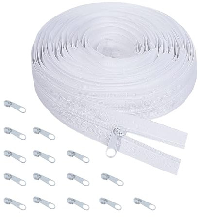 Reißverschluss Endlosreißverschluss mit Zipper 5mm, 5M Lang Reisverschluss Endloses, Reißverschluss Meterware, Nylon Weiß Reissverschluss mit 15 Endstück für Kleidung, Bettwäsche, Kissen, Taschen