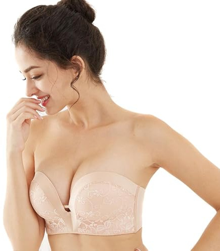 XFSRG Soutien Gorge sans Bretelles pour Femme Bra Dos Nu Invisible Push Up Soutien Gorge Extensible Rembourré Bra avec Amovibles Bretelles(Nude Pâle XL)