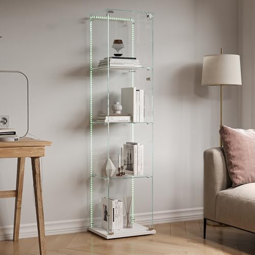 BPKADHY - Vetrinetta in vetro con illuminazione LED, vetrinetta a piantana con 4 ripiani in vetro e 1 porta in vetro con serratura, vetrinetta per soggiorno, ufficio, oggetti da collezione, libri