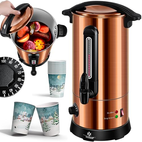 KESSER Bouilloire à vin chaud 6,8/10/20/30 l en acier inoxydable avec gobelet, bouilloire à vin chaud avec thermostat, distributeur d'eau chaude, indicateur de niveau de remplissage, robinet