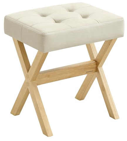 SONGMICS Taburete de Tocador, Taburete de Maquillaje Acolchado, Reposapiés, Patas de Madera, para Dormitorio, Vestidor y Recibidor, 32 x 42 x 46 cm, Beige Arena y Natural LSF006LF02