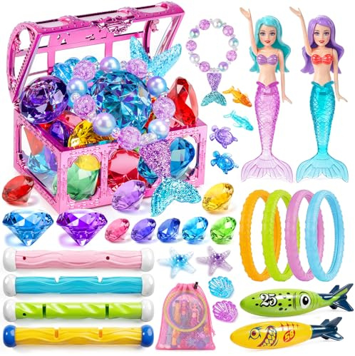 DISHIO Kids Diving Pool Toys Set with Treasure Chest, Sinking Swim Rings Sticks Sharks & Mermaid, Underwater Swimming Games Competition Toys with Bracelet Reward for Boys Girls Summer Toys