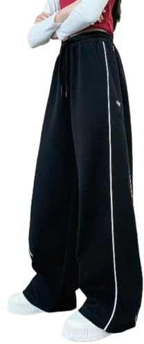 Baggy Jogginghose Mädchen Lang Jogging Sporthose mit Taschen Kinder Baumwolle Einfarbig Freizeithose Elastische Hohe Taille Hose Loose Weite Bein Outdoorhose für Teenager Activewear (Black, 11-12)