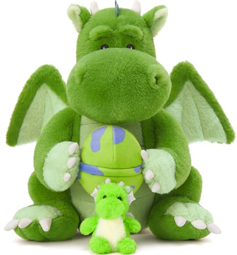 MorisMos 47cm Giant Dragon Soft Plush Toy, XXL Big Green Dinosaur Teddy with Baby, Kawaii Large Dino Stuffed Animals, Cuddly Fluffy Gift for Kids Birthday