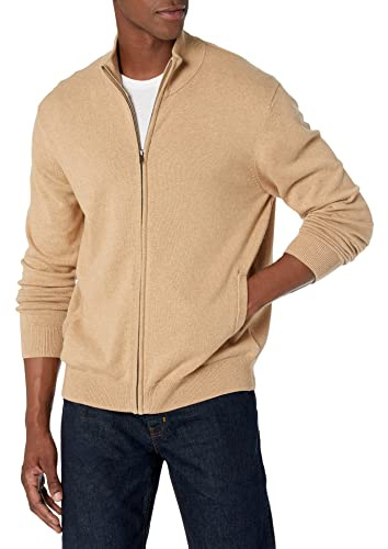 Amazon Essentials Men's Full-Zip Cotton Sweater, Camel Heather, Medium