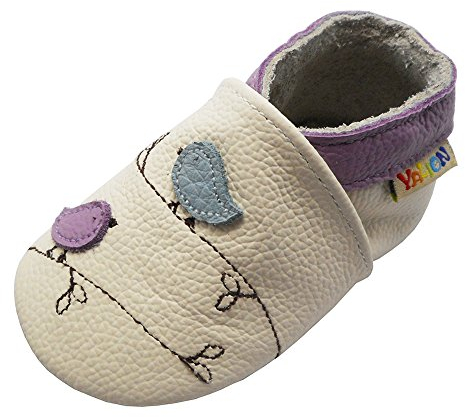 YALION Premium Weich Leder Babyschuhe Krabbelschuhe Lauflernschuhe Hausschuhe mit Vögel Weiß, EU 22/23=L
