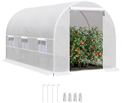Outsunny Invernadero de Exterior 4x2x2 m Invernadero de Túnel con 6 Ventanas de Malla y Puerta Enrollable con Cremallera Invernadero de Huerto Anti-UV para Patio Jardín Blanco