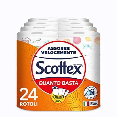 Scottex Quanto Basta, Carta Da Cucina, Opzione Mezzo Strappo, Ultra assorbente, Carta certificata FSC, 24 Maxi Rotoli