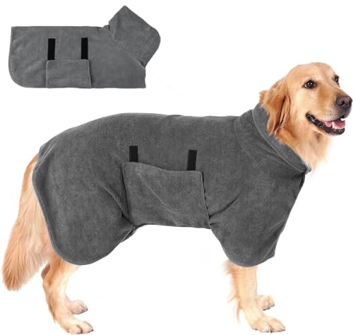 GUHAOOL Peignoir en Microfibre pour Chien, Serviette Extra Absorbante et Séchage Rapide avec Velcro, Réglable pour Grands, Moyens et Petits Chiens, Gris, XL